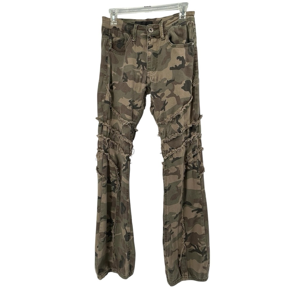 KDNK Stacked Raw Camouflage Pants Size 28 Streetwear Straight Leg Distressed